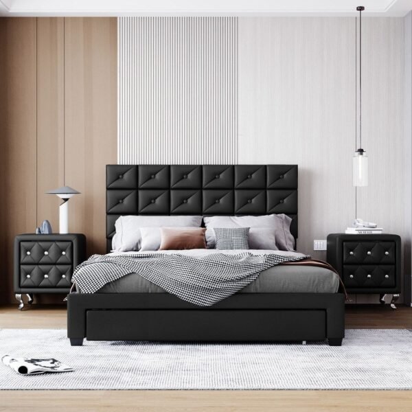 Queen Size Upholstered Platform Bed with Two Nightstands 2