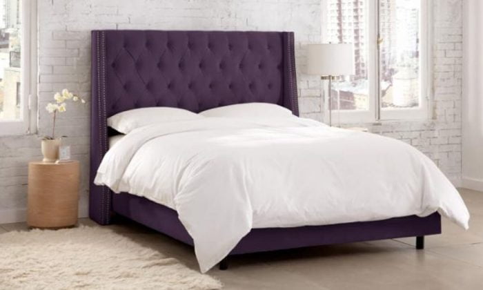 purple skyline tufted nail button wingback velvet upholstered bed