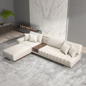 126" L-Shaped White Modular Sectional Sofa with Storage, Ottoman, and Walnut Legs