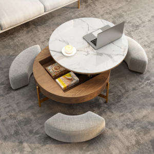 Modern Round Lift-Top Coffee Table Set with Hidden Storage & 3 Ottomans – White & Walnut Finish